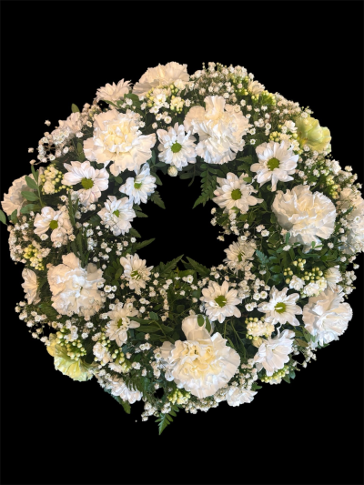 Wreath - A timeless white wreath designed with a natural, graceful finish, expressing love, peace and cherished memories.