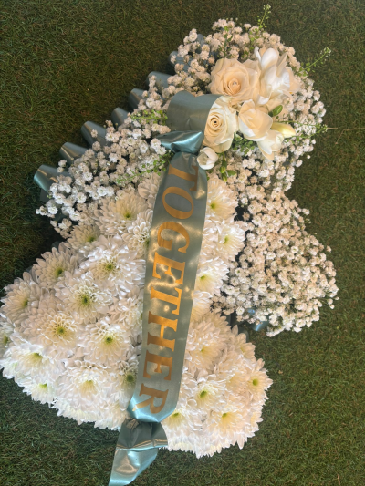 Double Heart - A beautifully crafted double heart tribute with soft, elegant styling and a personalised ribbon, offering a heartfelt farewell.