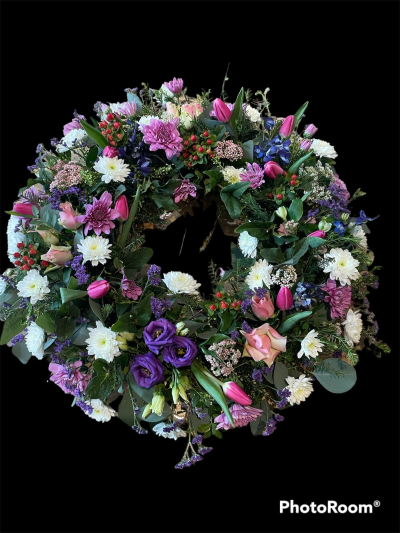 Country Garden Wreath - A beautiful open wreath with a natural, garden-inspired style, thoughtfully designed to offer a heartfelt tribute and celebrate a cherished life.