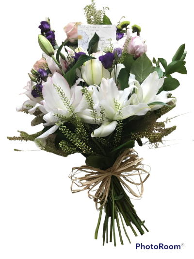 Sympathy Hand-Tied - A beautifully hand-tied tribute arranged in soft, elegant tones, offering a thoughtful way to express your love, sympathy and support.